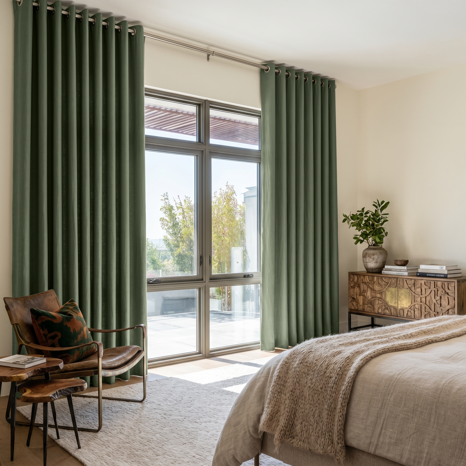 Asparagus Green Linen Eyelet Bedroom Curtains in a Bright Neutral Bedroom with Creamy Beige Walls, Oatmeal Bedding and Rust Accents - Blackout Lining