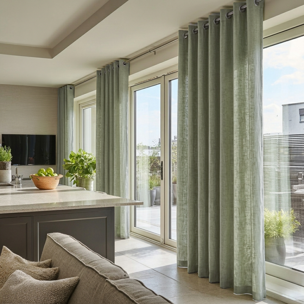 Asparagus Green Linen Eyelet Curtains for Sliding Door in a Bright Living Room with Beige Walls and Soft Neutral Seating