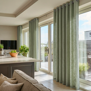 Asparagus Green Linen Eyelet Curtains for Sliding Door in a Bright Living Room with Beige Walls and Soft Neutral Seating