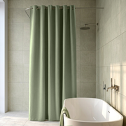 Asparagus Green Linen Hookless Shower Curtain in a Modern Bathroom