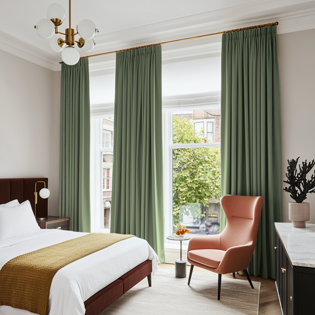 Asparagus Green Linen Pencil Pleat Curtains in a Bright White Bedroom with Warm Terracotta and Brass Accents - Blackout Lining