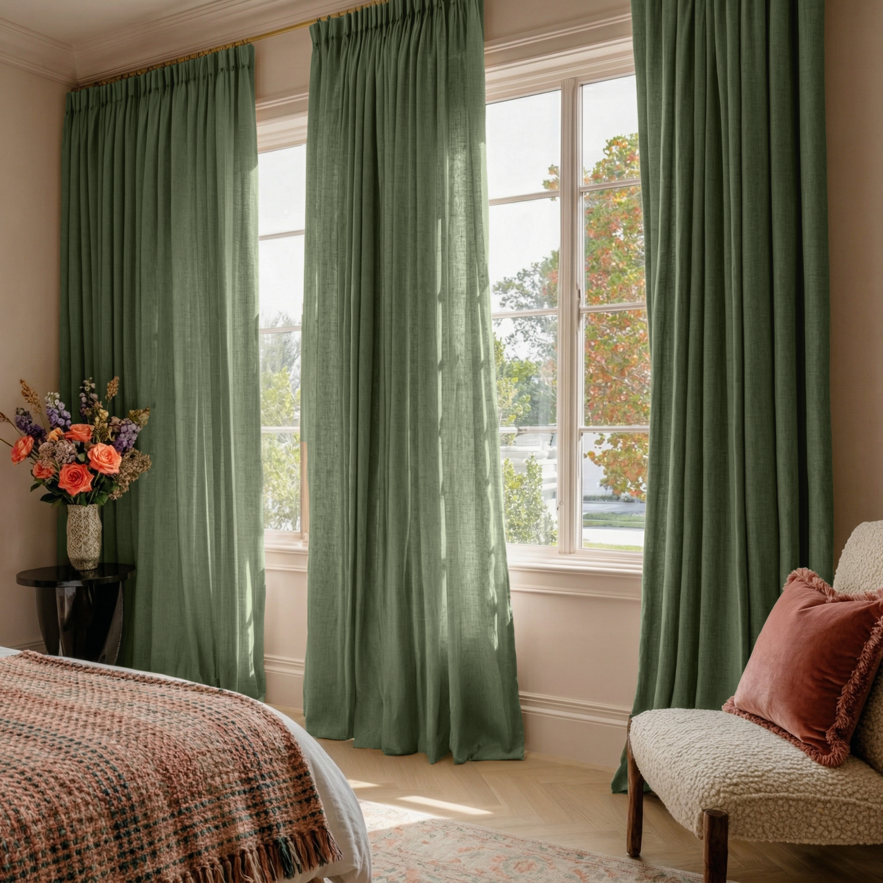 Asparagus Green Linen Pencil Pleat Curtains in a Soft Neutral Bedroom with Cozy Textures and Natural Light - Cotton Lining
