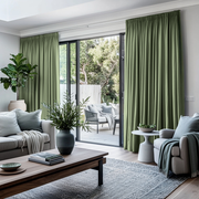 Asparagus Green Linen Pencil Pleat Curtains for Sliding Door in a Modern Living Room - Blackout Lining
