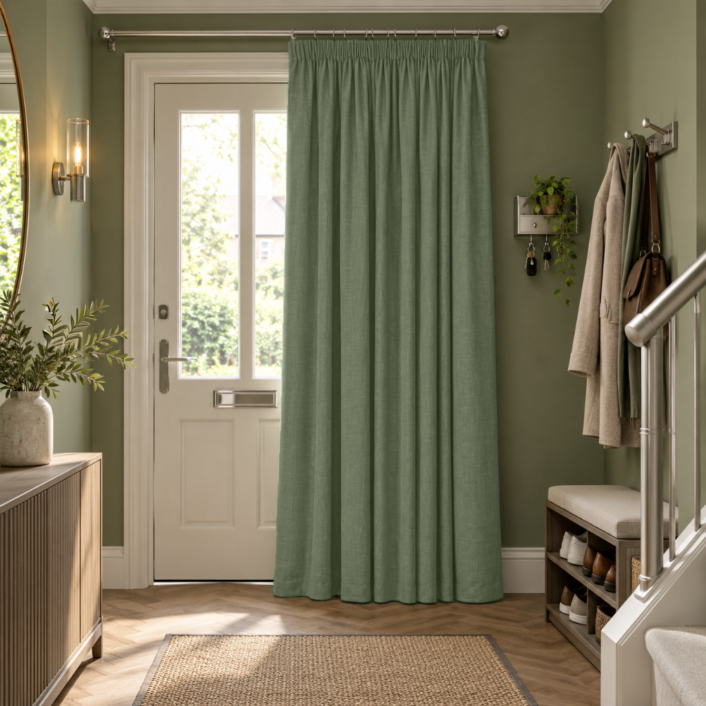 Asparagus Green Thermal Door Curtains in a Hallway with Olive Green Walls and a White Entry Door