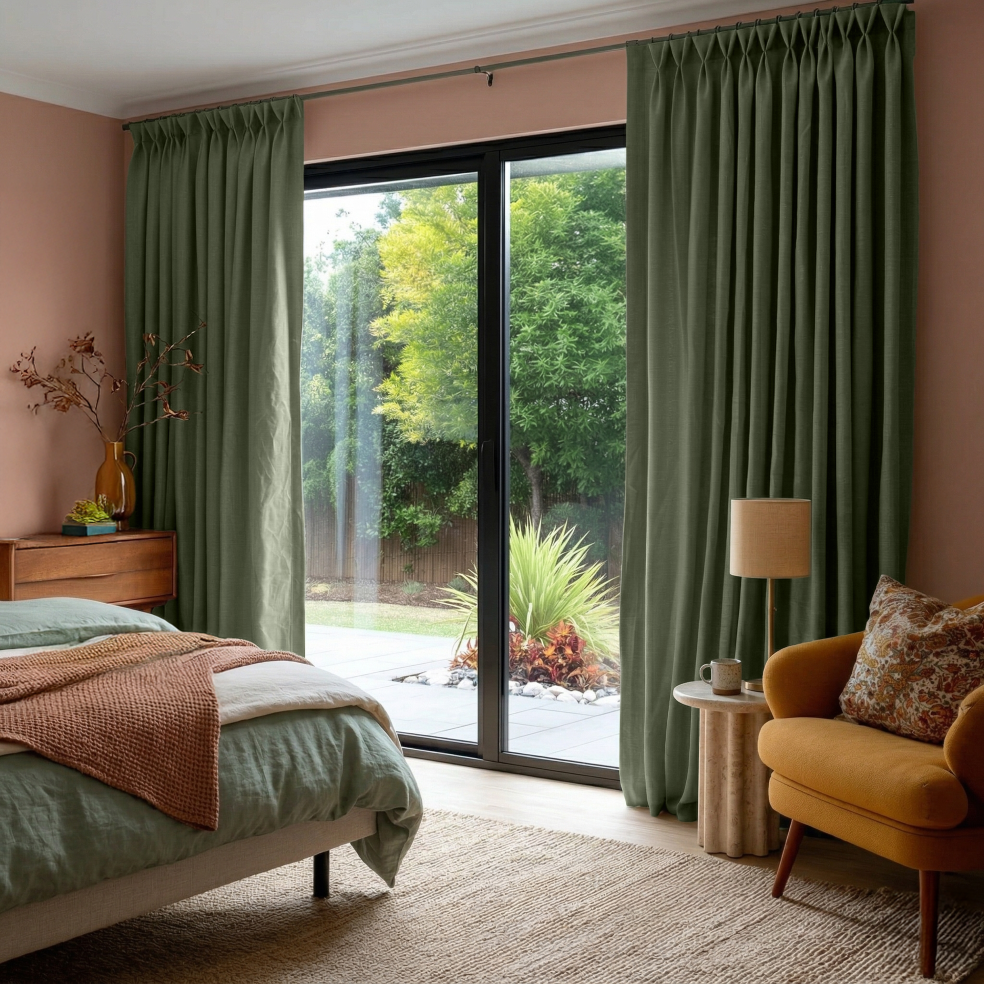 Asparagus Green Linen Pinch Pleat Curtains for Sliding Door in a Warm Bedroom with Peach Walls, Mustard Armchair and Natural Wood Furniture - Blackout Lining