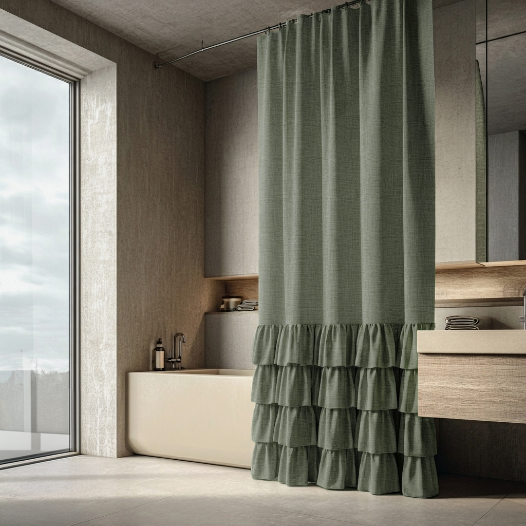 Asparagus Green Linen Ruffle Shower Curtain in a Minimalist Bathroom with Warm Taupe Walls and Soft Stone Accents