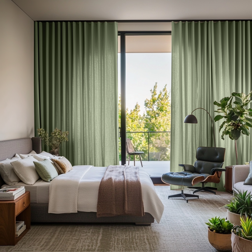 Asparagus Green Linen S-Fold Curtains for Sliding Door in a Contemporary Bedroom with Neutral Walls, Black Leather Chair and Green Indoor Plants