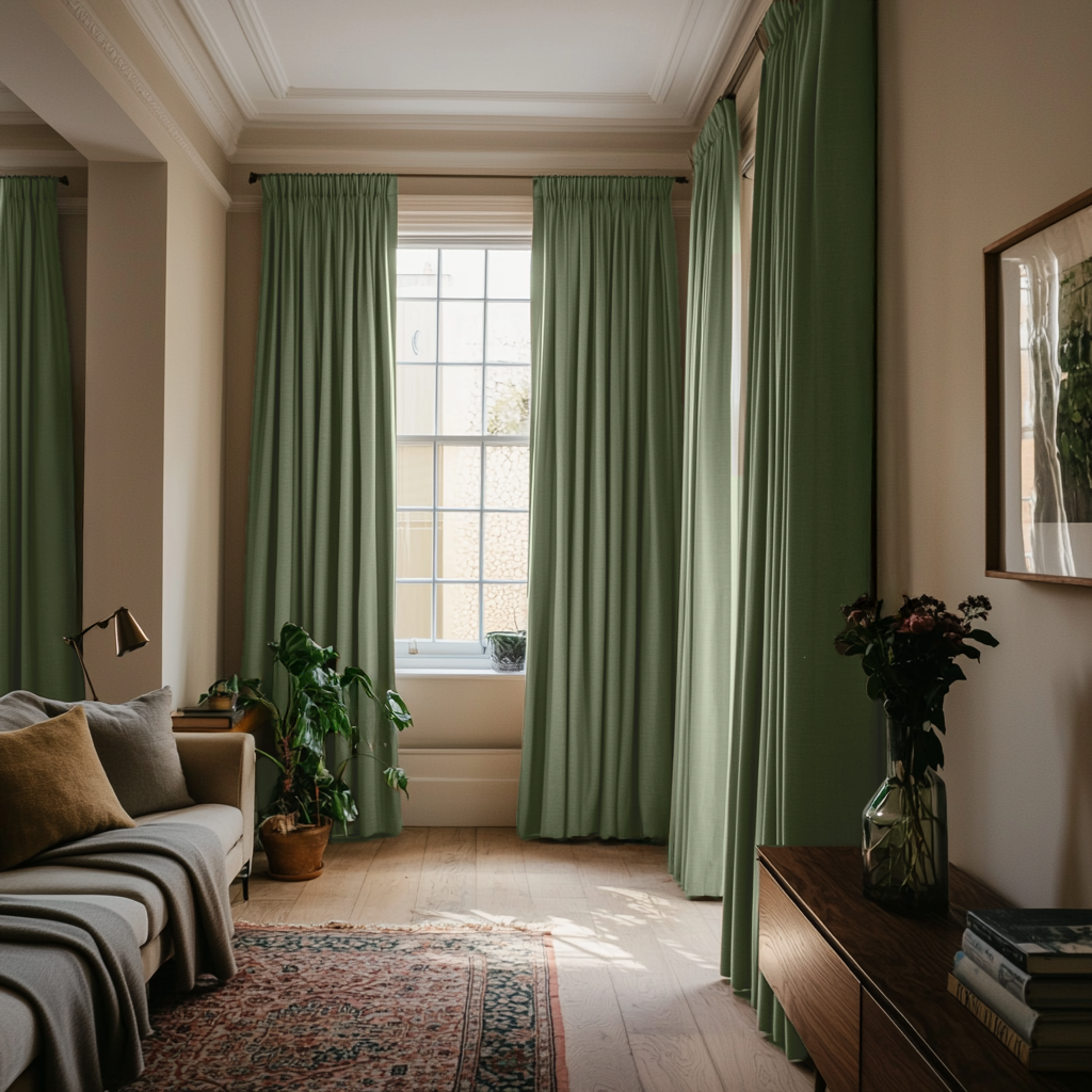 Asparagus Green Linen Pencil Pleat Thermal Curtains