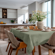 Asparagus Green Rectangular Linen Tablecloth in a Contemporary Kitchen Dining Area with White Cabinetry