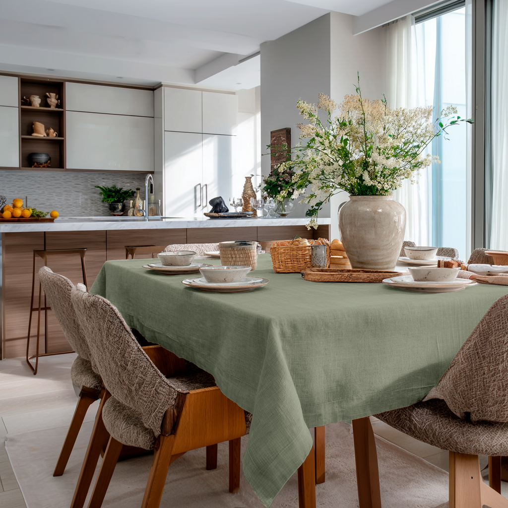 Asparagus Green Rectangular Linen Tablecloth in a Contemporary Kitchen Dining Area with White Cabinetry