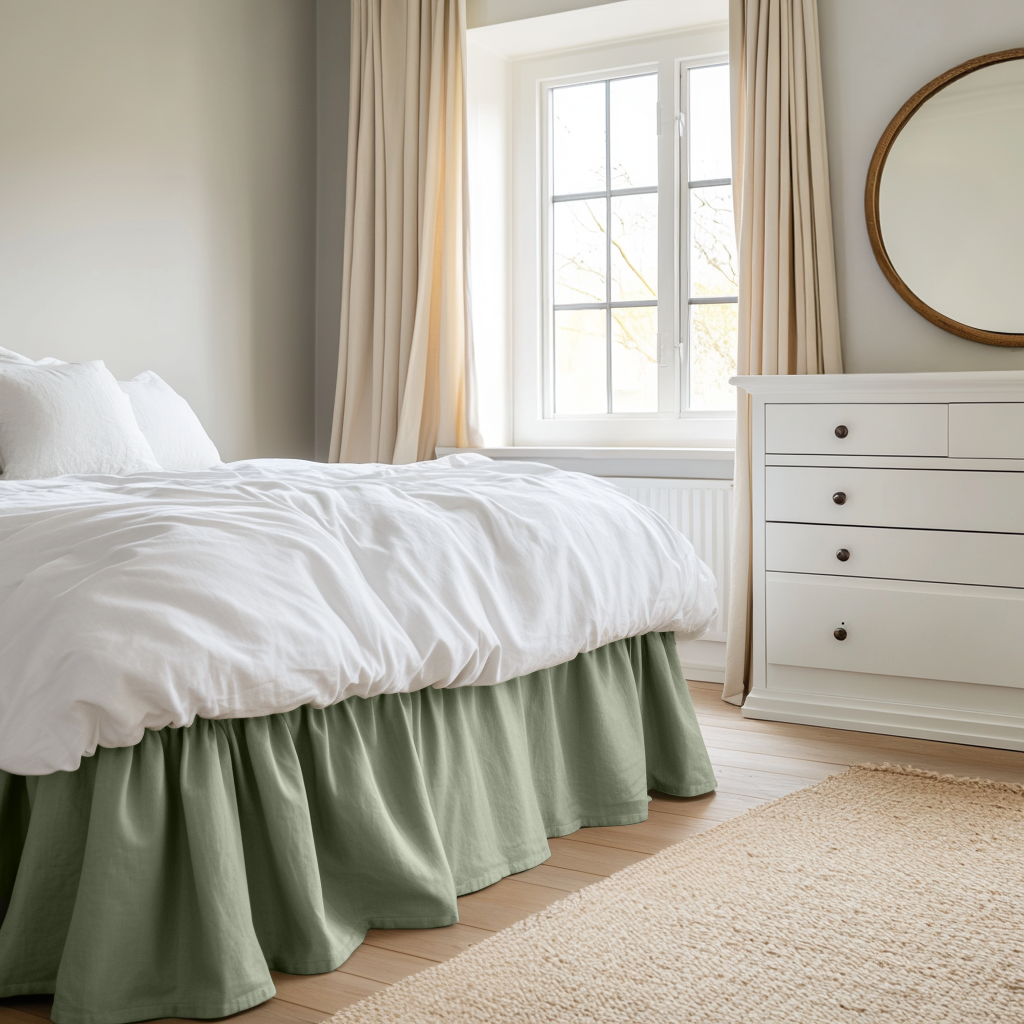 Asparagus Green Linen Bed Skirt Valance with Gathered Ruffles