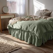 Asparagus Green Linen Bed Skirt Valance with Gathered Ruffles