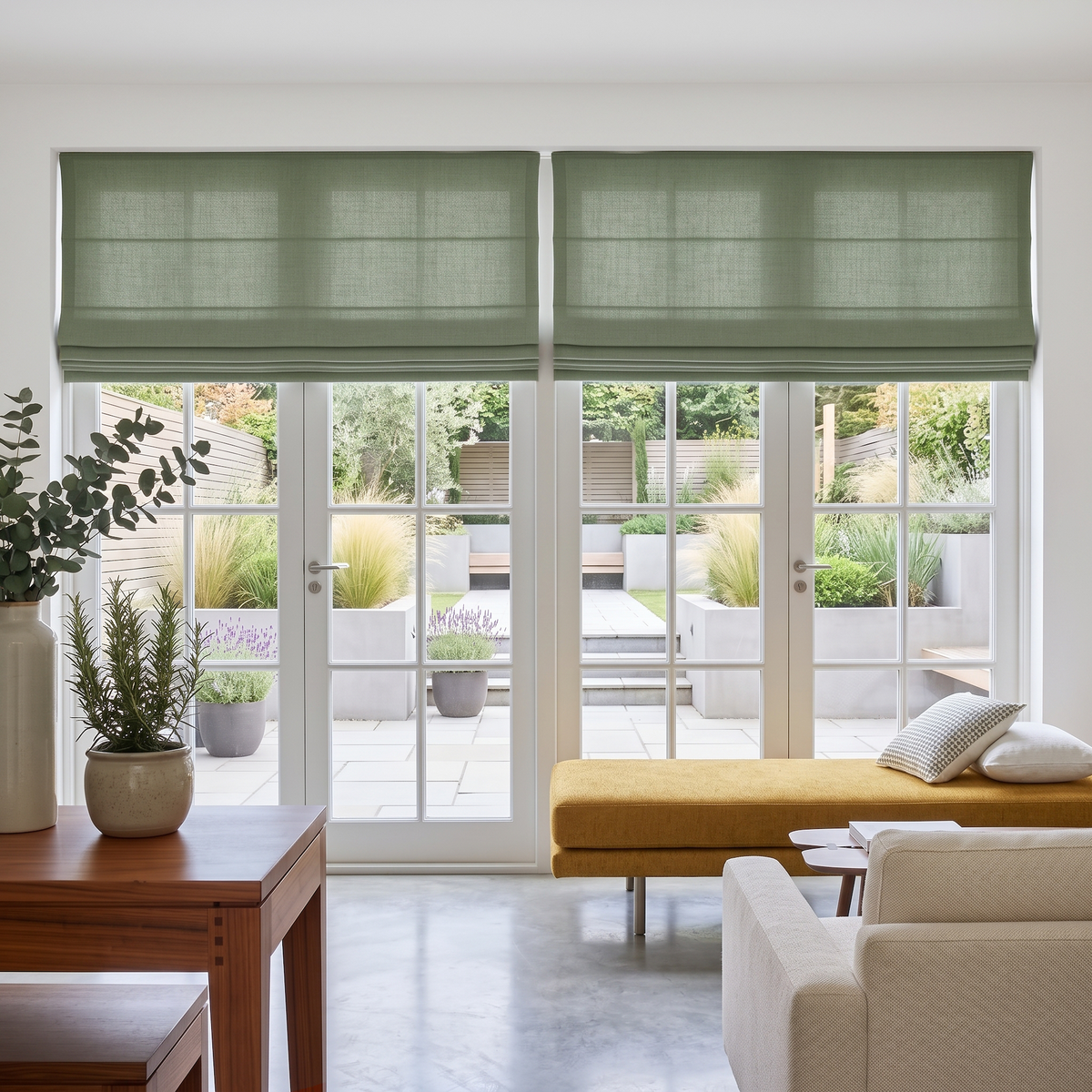 Asparagus Roman Blinds in a Living Room with White Walls