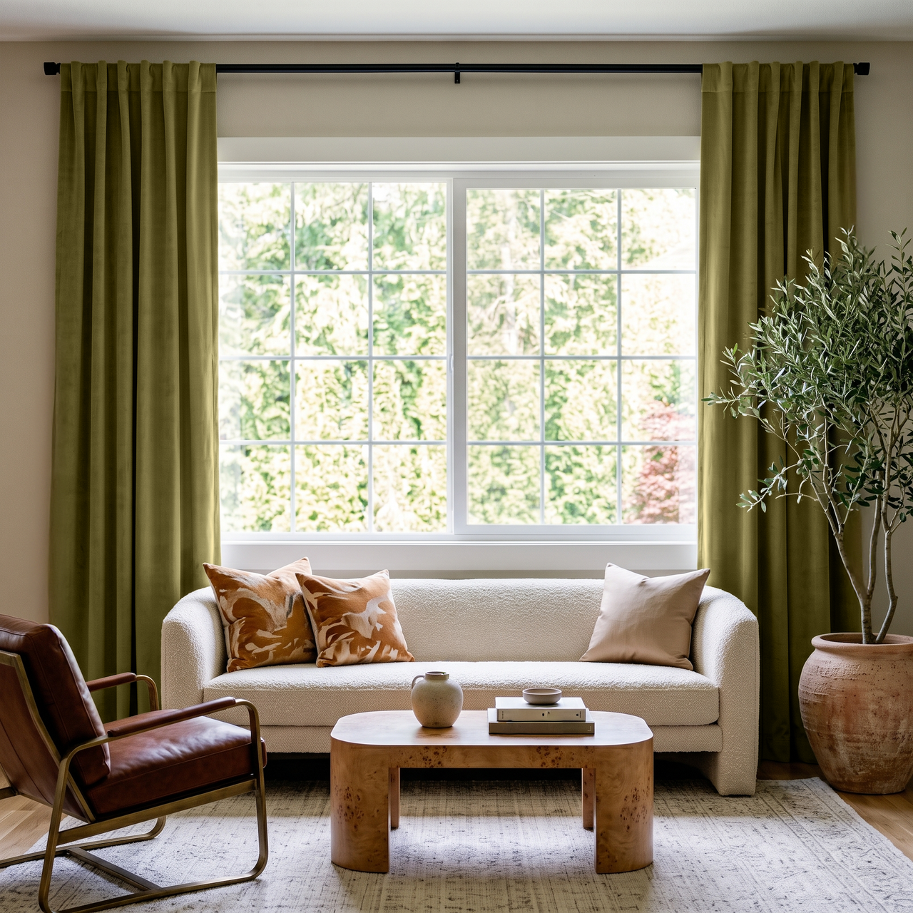 Moss Green Velvet Back Tab Curtains in a Contemporary Living Room with a White Bouclé Sofa and Caramel Leather Chair