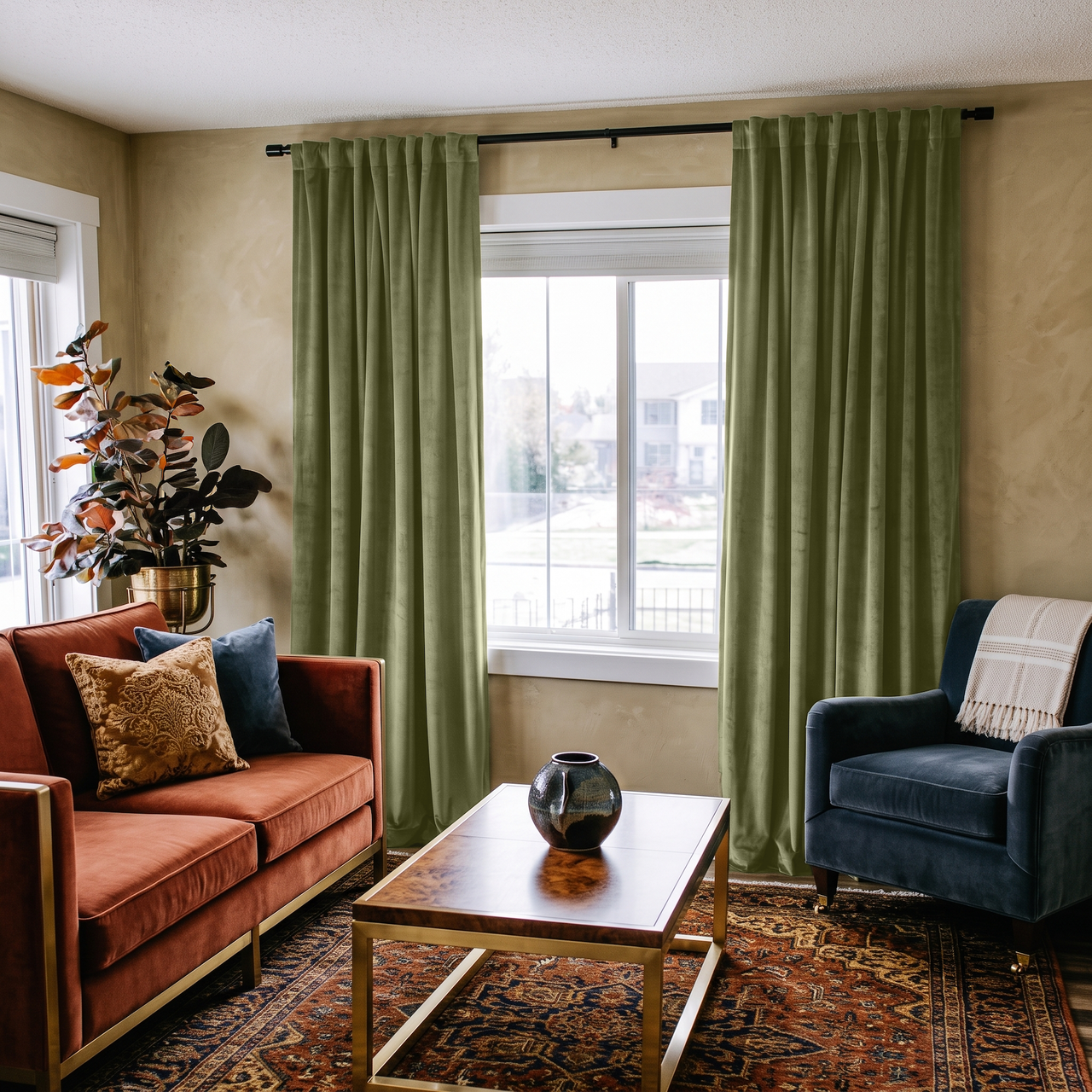 Olive Green Velvet Back Tab Curtains in a Cozy Living Room with Beige Walls