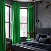 Lime Green Velvet Back Tab Curtains in an Industrial Bedroom with Charcoal Walls and Dark Grey Bedding