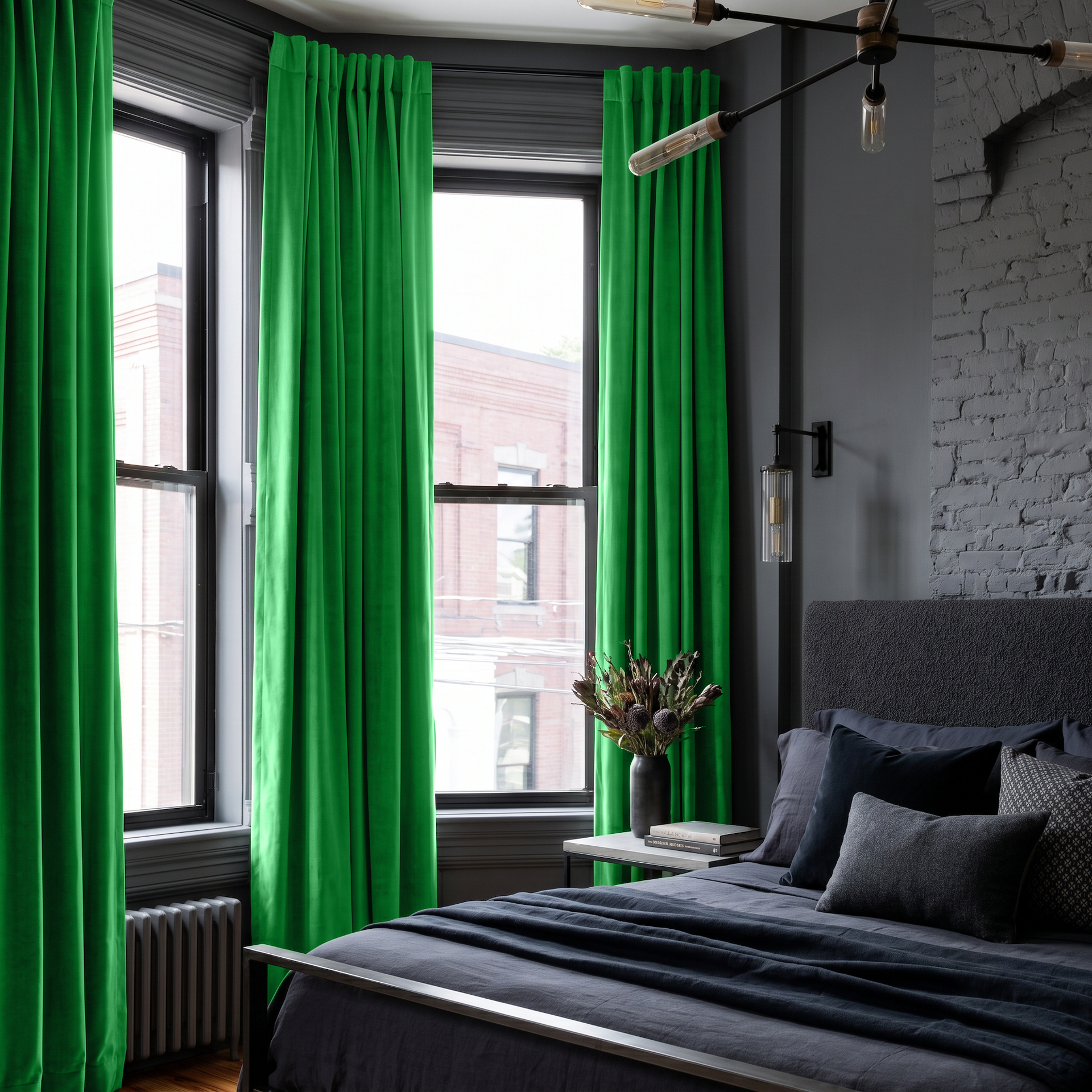 Lime Green Velvet Back Tab Curtains in an Industrial Bedroom with Charcoal Walls and Dark Grey Bedding