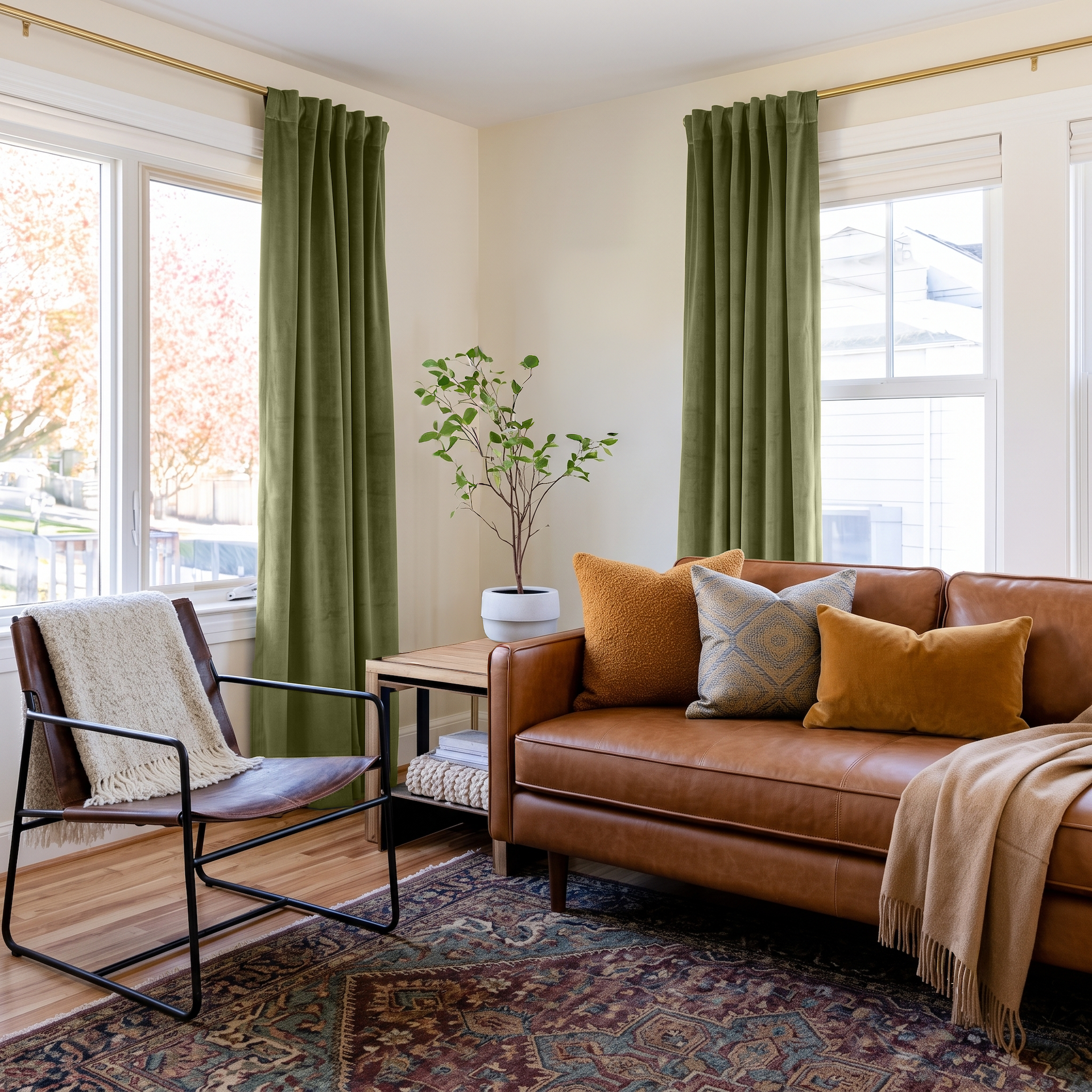 Olive Green Velvet Back Tab Curtains in a Bright Living Room with Cream Walls