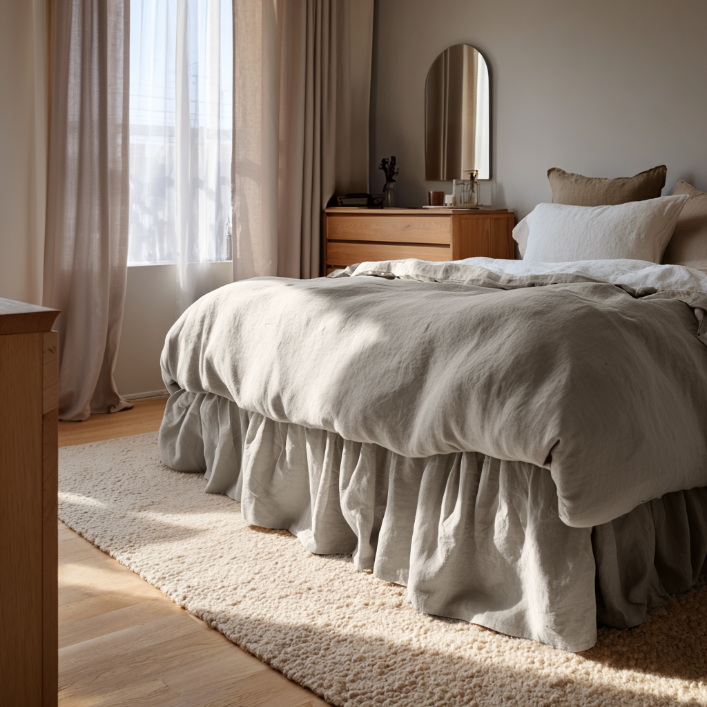 Natural Linen Bed Skirt Valance with Gathered Ruffles 