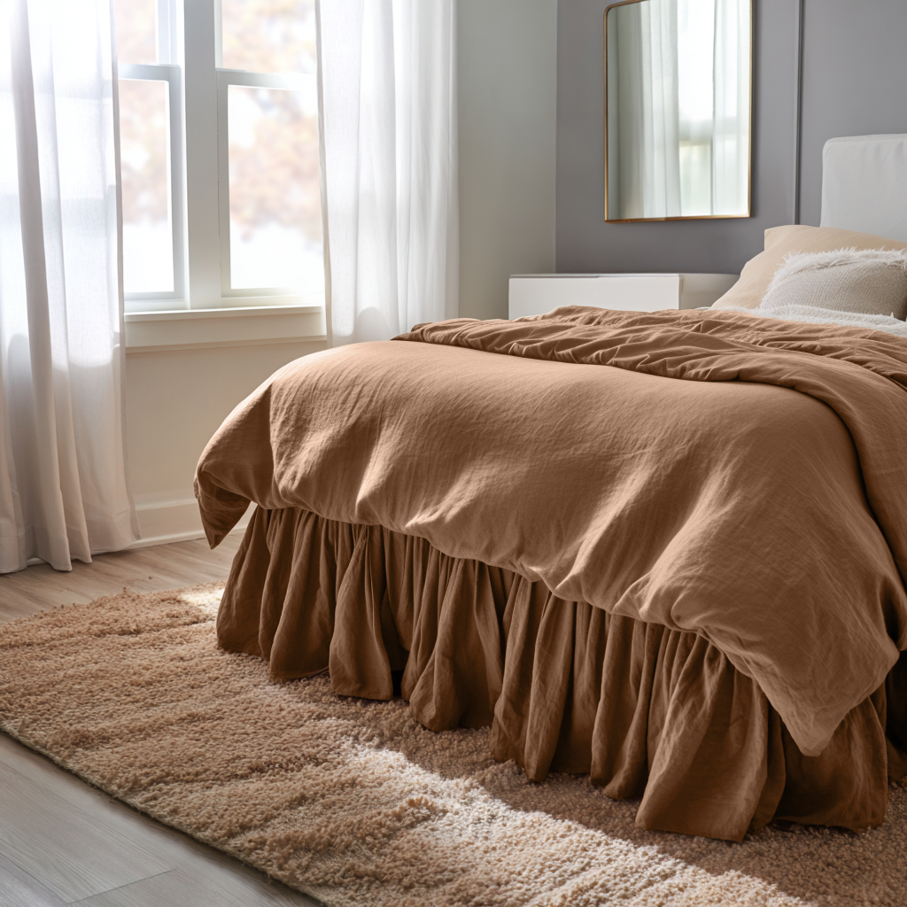 Tawny Brown Linen Bed Skirt Valance with Gathered Ruffles