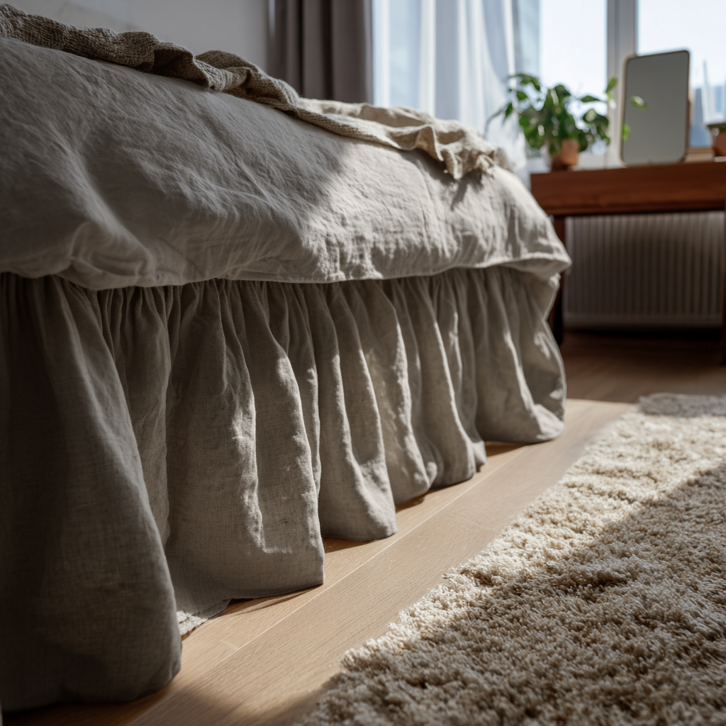 Natural Heavy Weight Linen Bed Skirt Valance with Gathered Ruffles