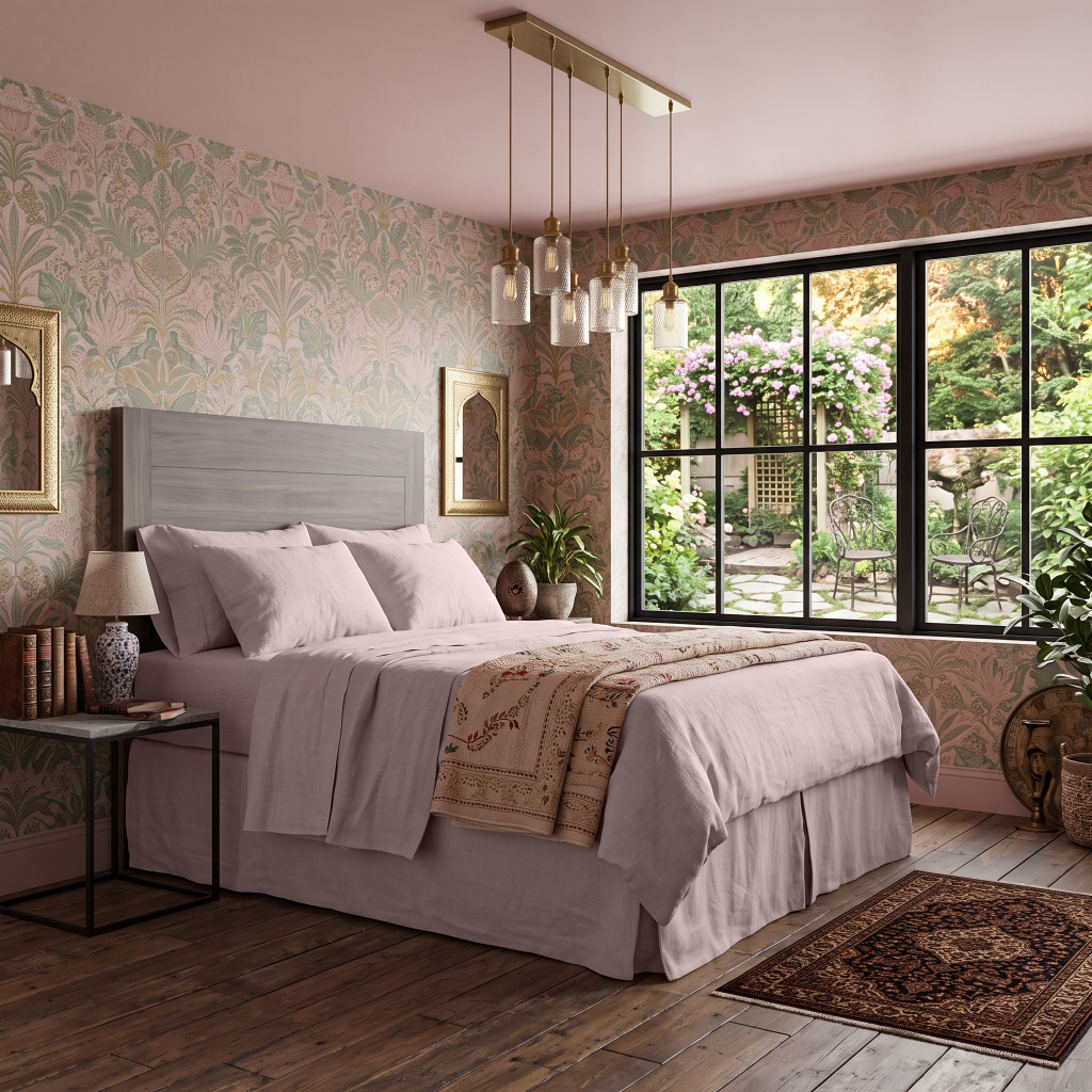 Dusty Pink Linen Bed Skirt with Pleats 