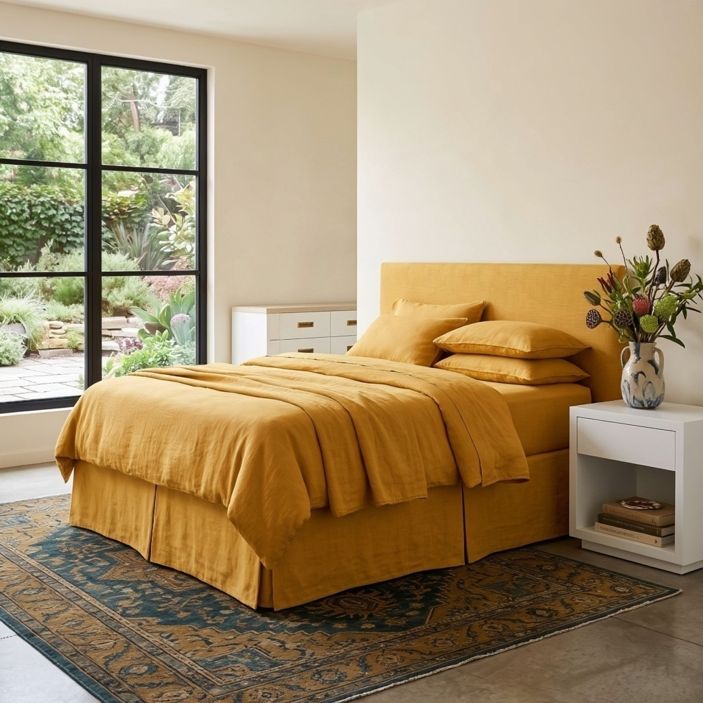 Mustard Yellow Linen Bed Skirt with Pleats 