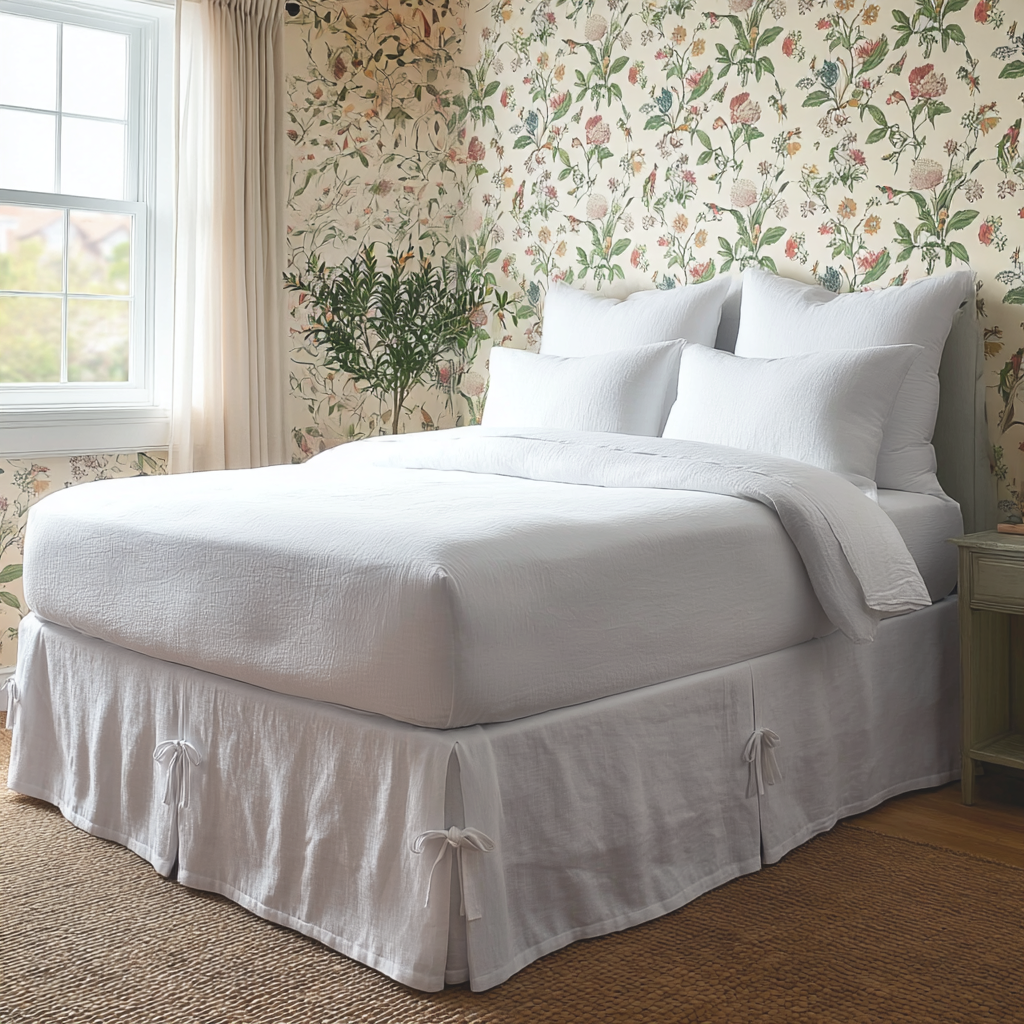 White Linen Bed Skirt with Pleats 