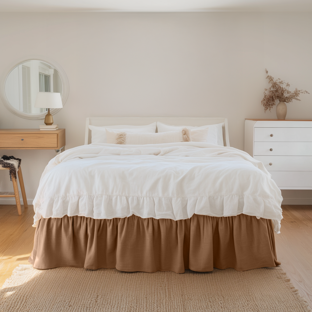 Tawny Brown Linen Bed Skirt Valance with Gathered Ruffles