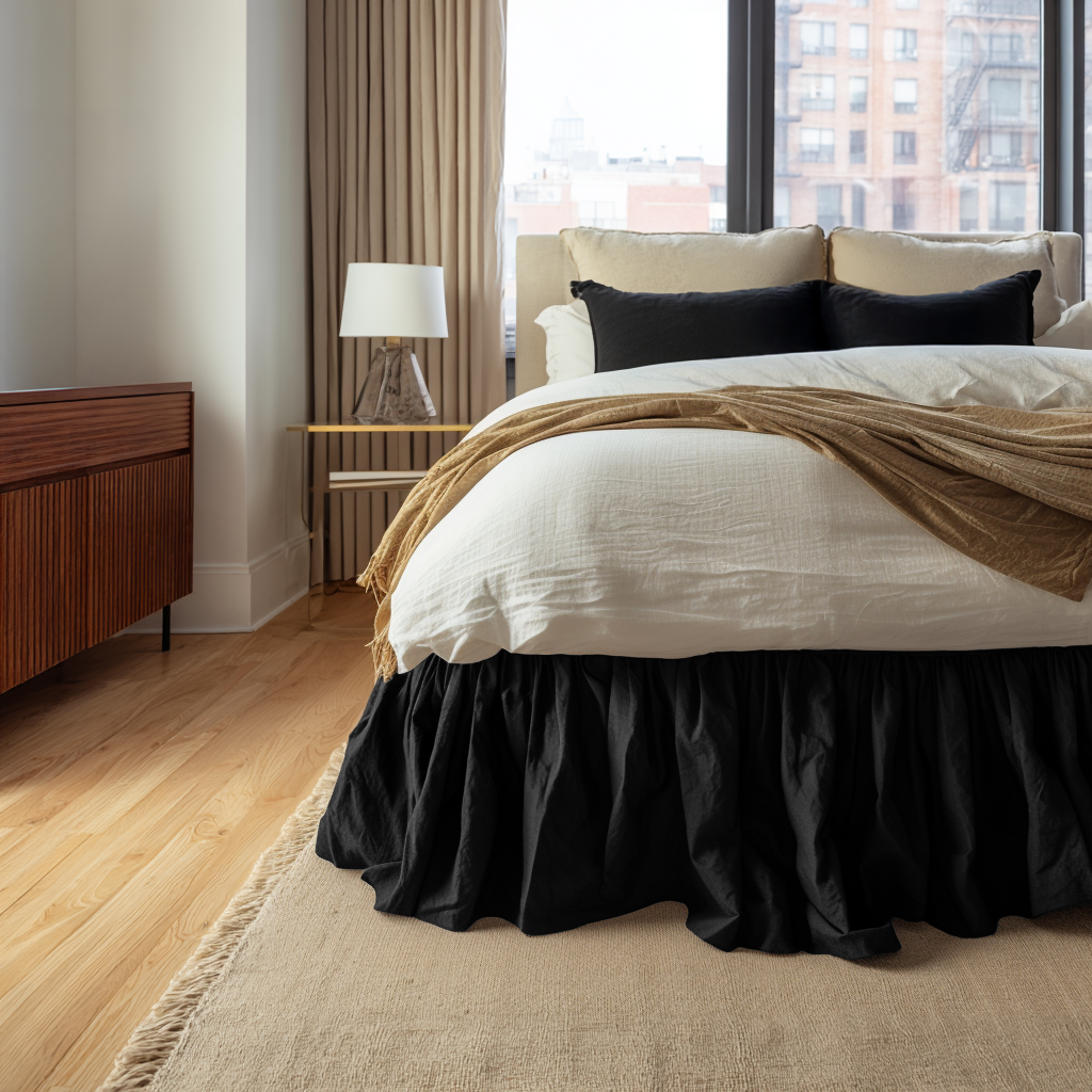 Black Linen Bed Skirt Valance with Gathered Ruffles