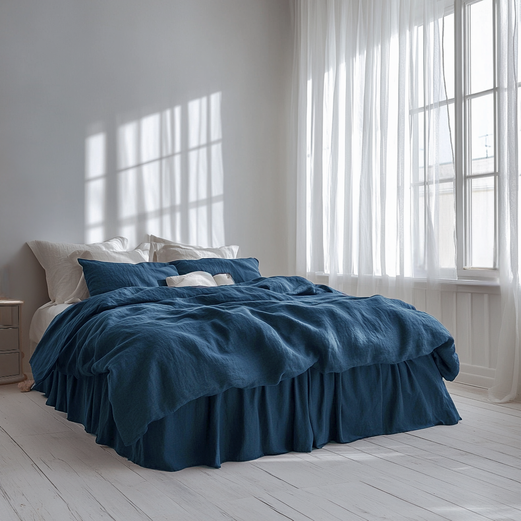 Peacock Blue Linen Bed Skirt Valance with Gathered Ruffles