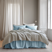 Sky Blue Linen Bed Skirt Valance with Gathered Ruffles