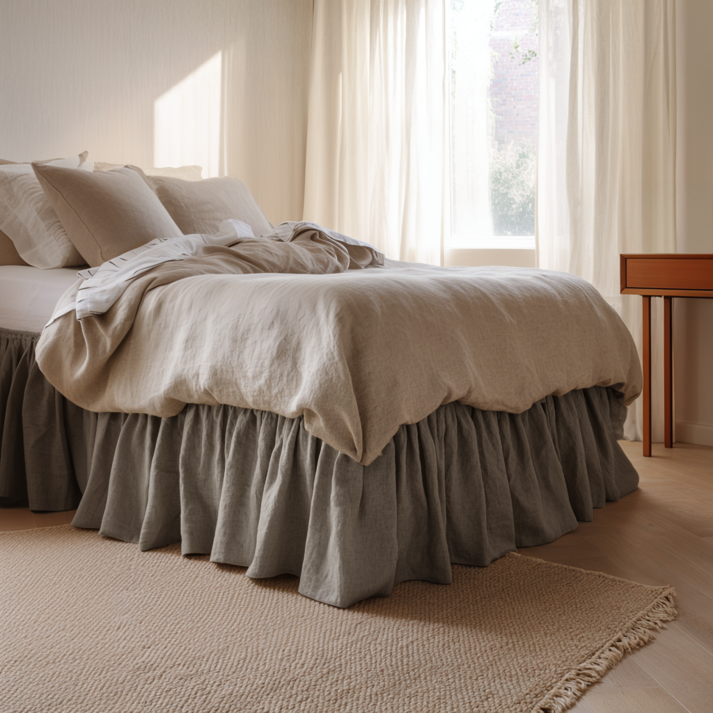 Natural Heavy Weight Linen Bed Skirt Valance with Gathered Ruffles