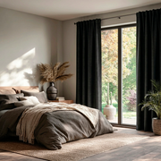 Black Linen Back Tab Curtains for Bifold Doors in a Bedroom with White Walls - Blackout Lining