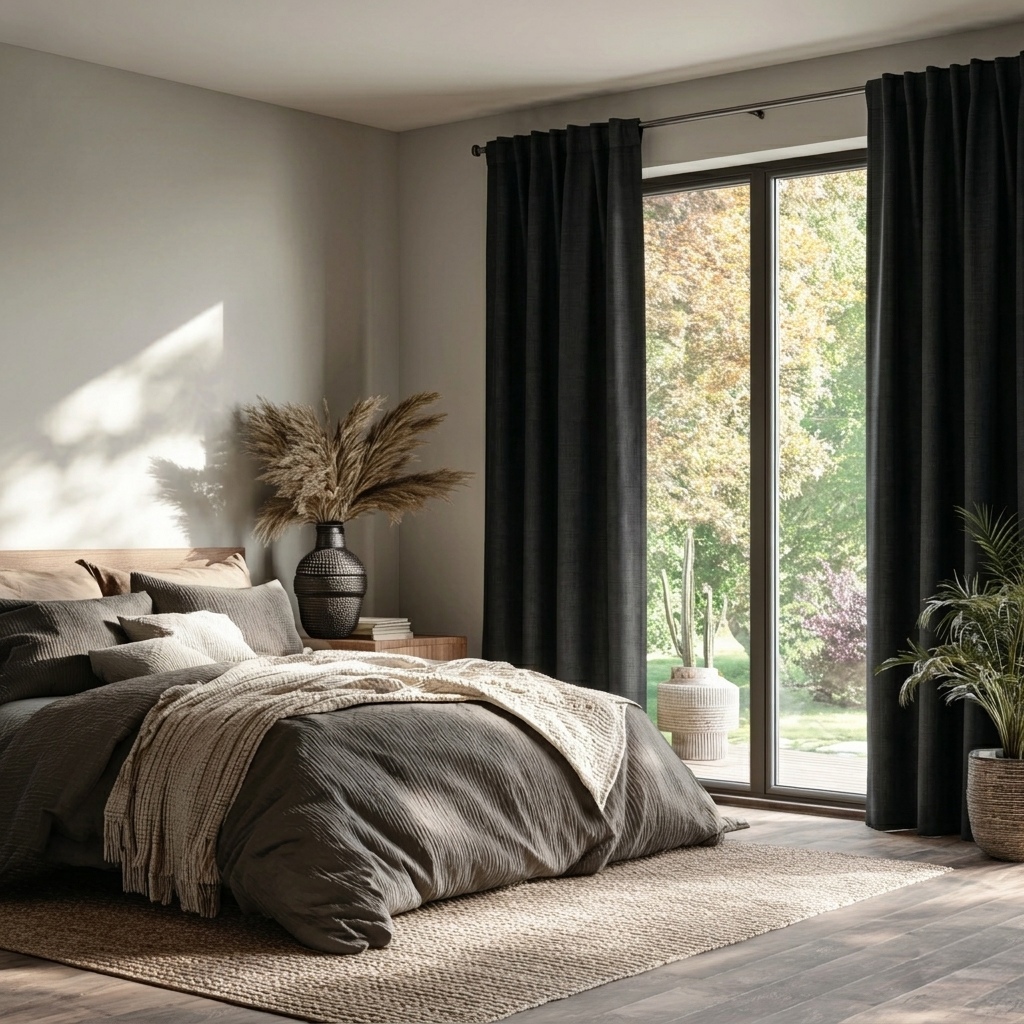 Black Linen Back Tab Curtains for Bifold Doors in a Bedroom with White Walls - Blackout Lining