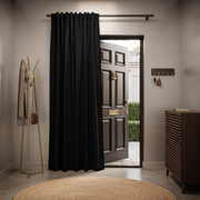 Black Thermal Door Curtain in a Hallway with Grey Walls