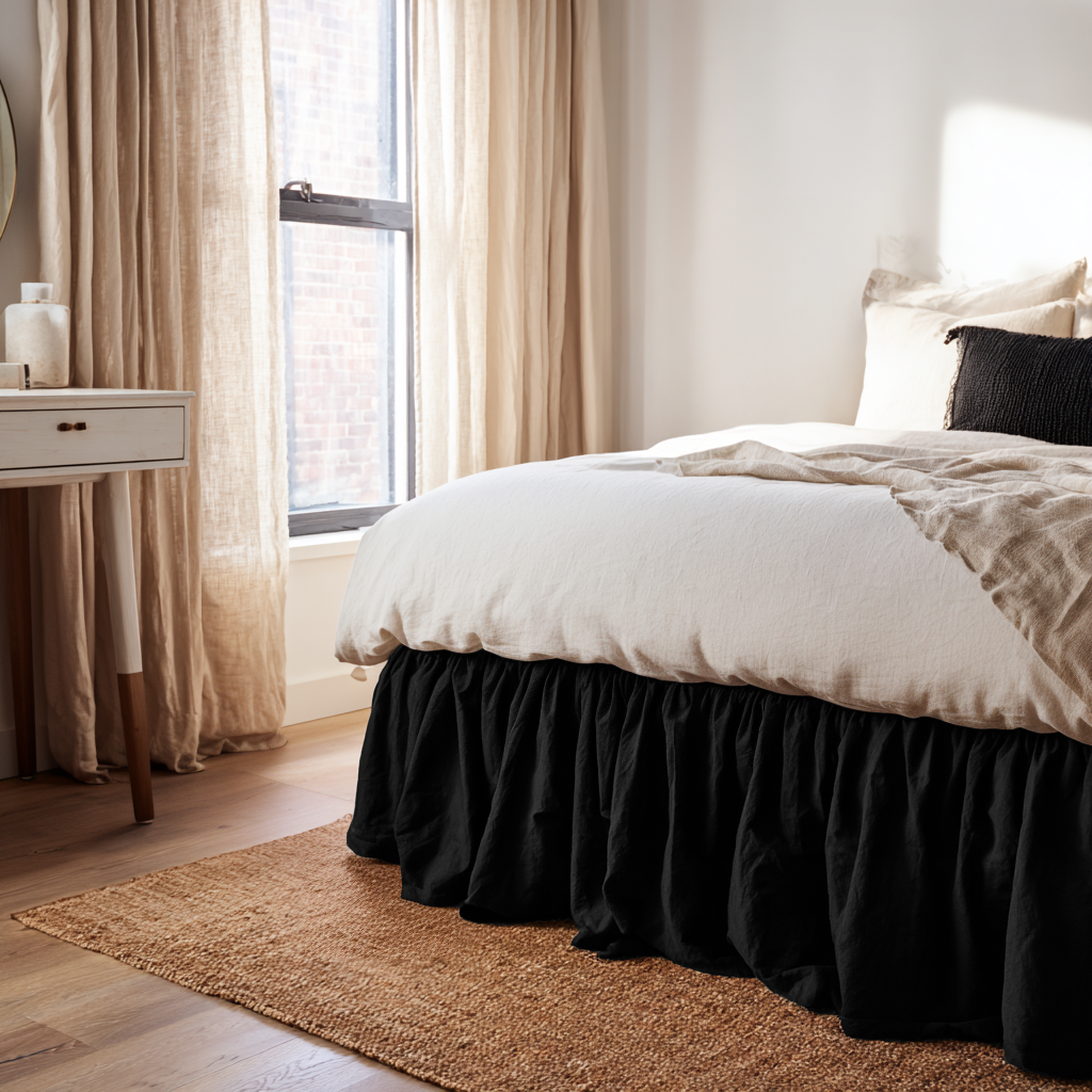 Black Linen Bed Skirt Valance with Gathered Ruffles