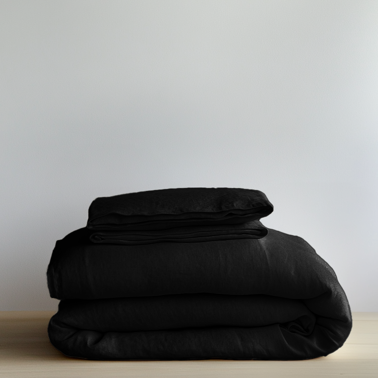 Black Washed Linen Duvet Cover Set