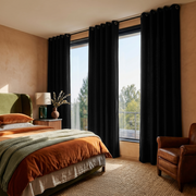Black Linen Eyelet Curtains in a Warm Bedroom with Terracotta Walls - Blackout Lining