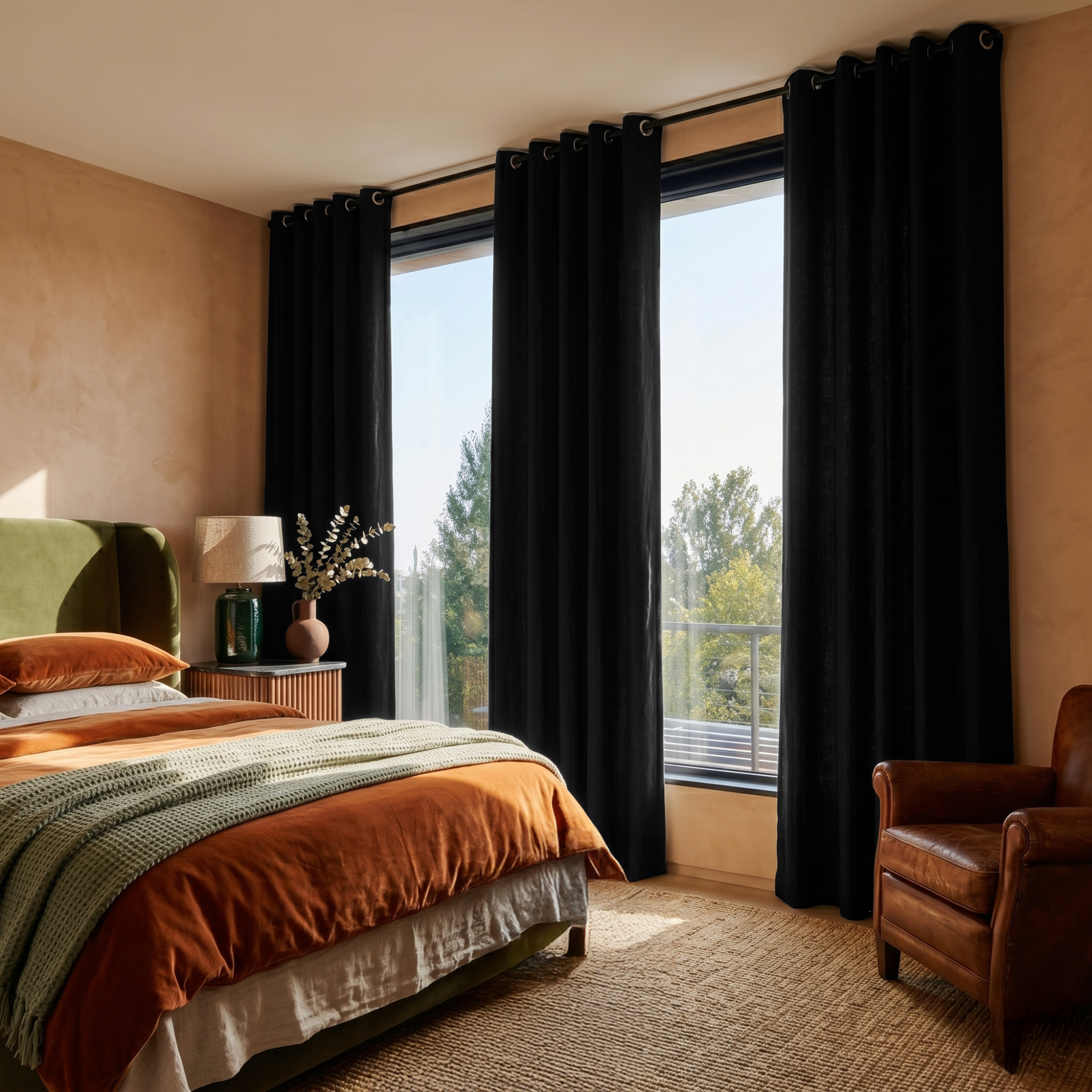Black Linen Eyelet Curtains in a Warm Bedroom with Terracotta Walls - Blackout Lining