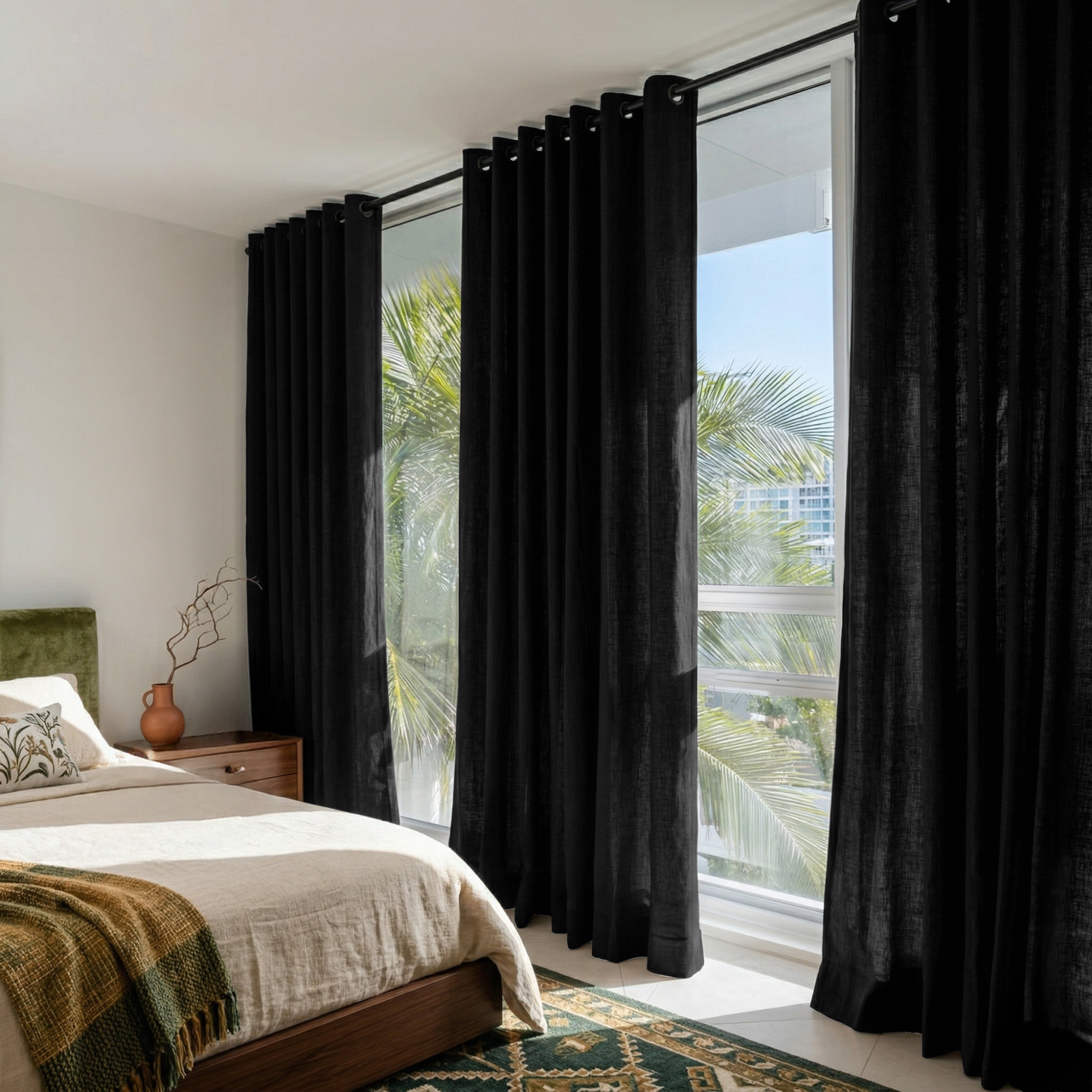 Black Linen Grommet Curtains in a Bright Bedroom with Soft White Walls - Cotton Lining