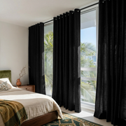 Black Linen Grommet Curtains in a Bright Bedroom with Soft White Walls - Cotton Lining
