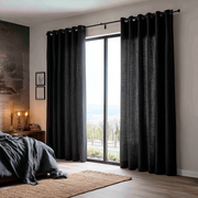 Black Linen Eyelet Curtains for Bifold Doors in a Bedroom with White Walls - Cotton Lining
