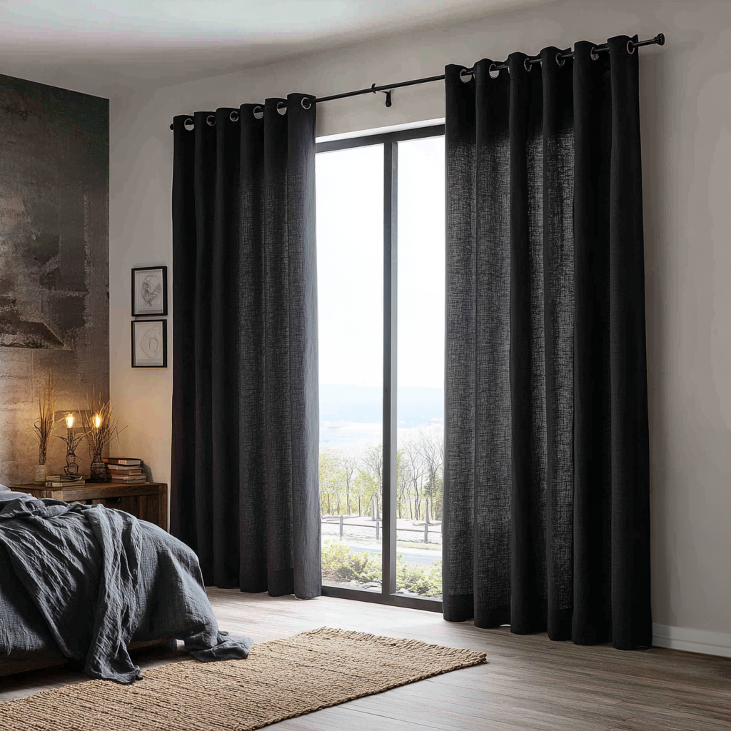 Black Linen Eyelet Curtains for Bifold Doors in a Bedroom with White Walls - Cotton Lining