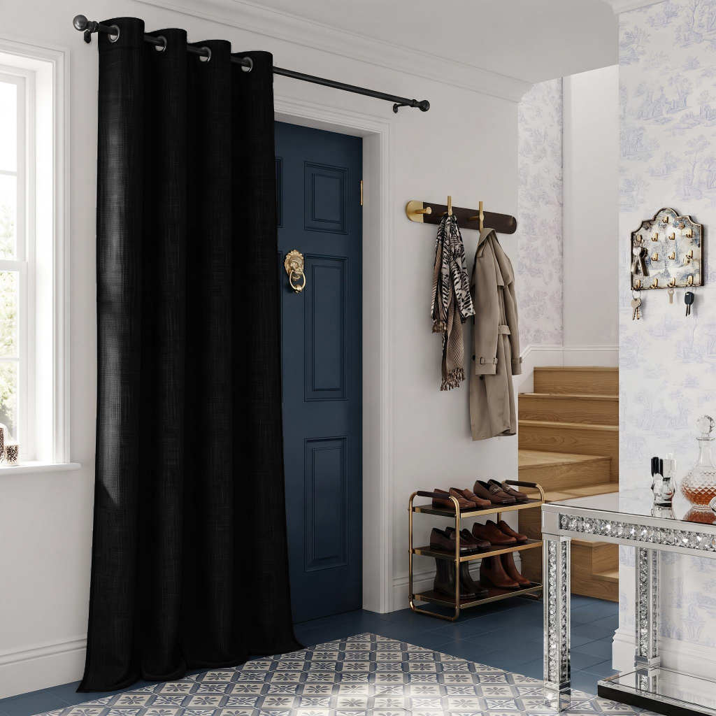 Black Thermal Door Curtain in a Hallway with White Walls and a Blue Door