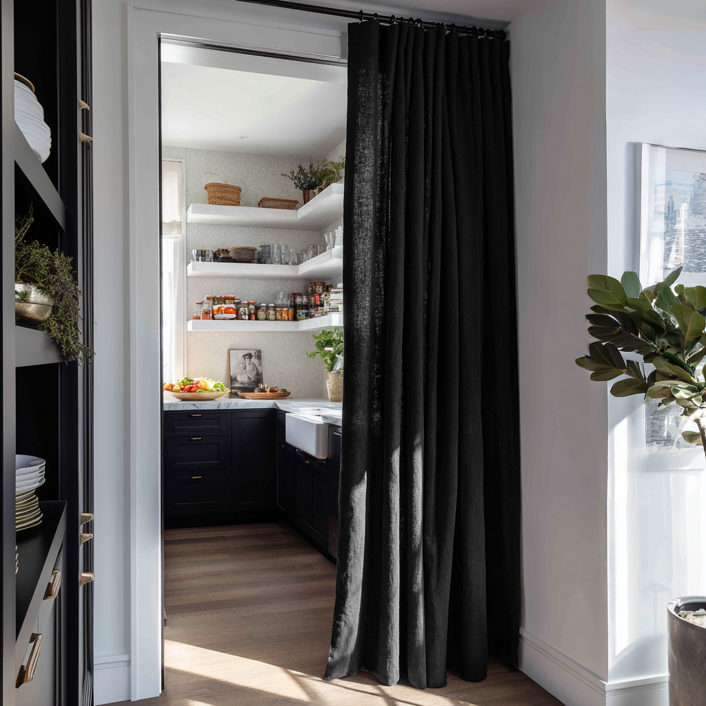 Black Linen Doorway Curtain with Multitape