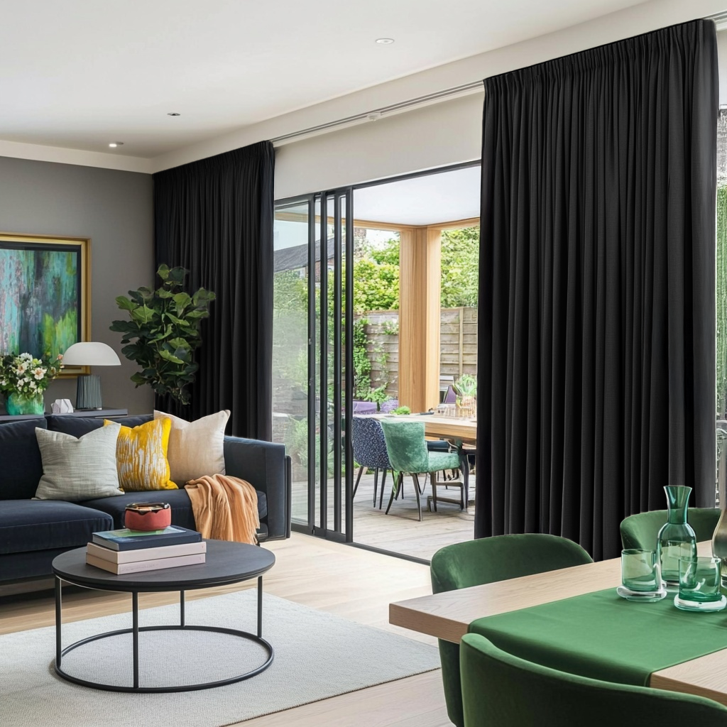 Black Linen Pencil Pleat Curtains for Bifold Doors in a Living Room with Grey Walls - Blackout Lining
