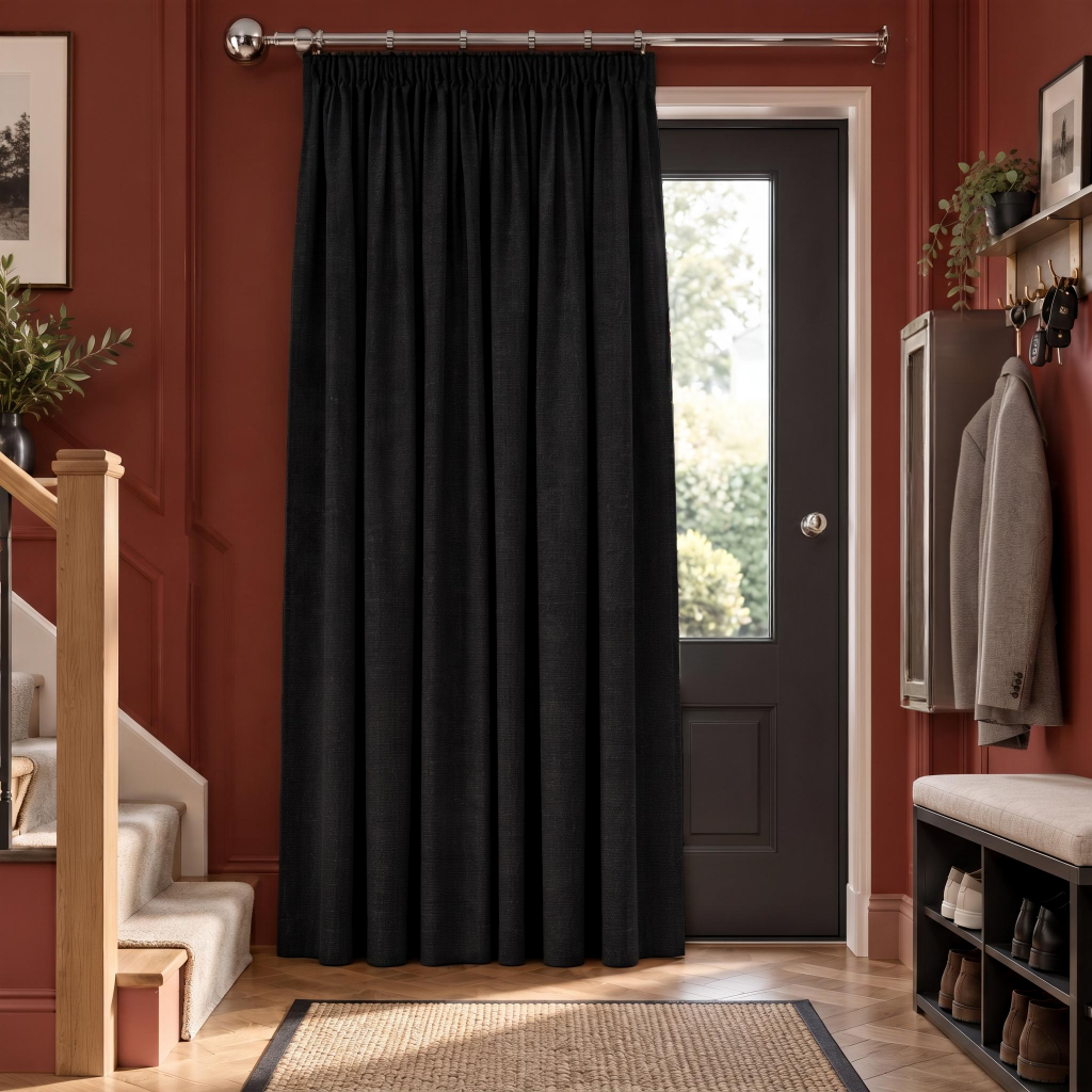 Black Thermal Door Curtain in a Hallway with Terracotta Walls and Wooden Flooring