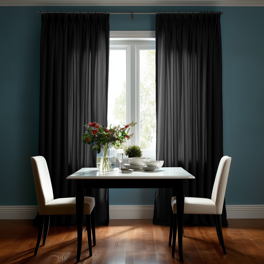A pair of floor-length black curtains hanging on a rod over a tall window in a dining room with blue walls, a white table, and two cream chairs.