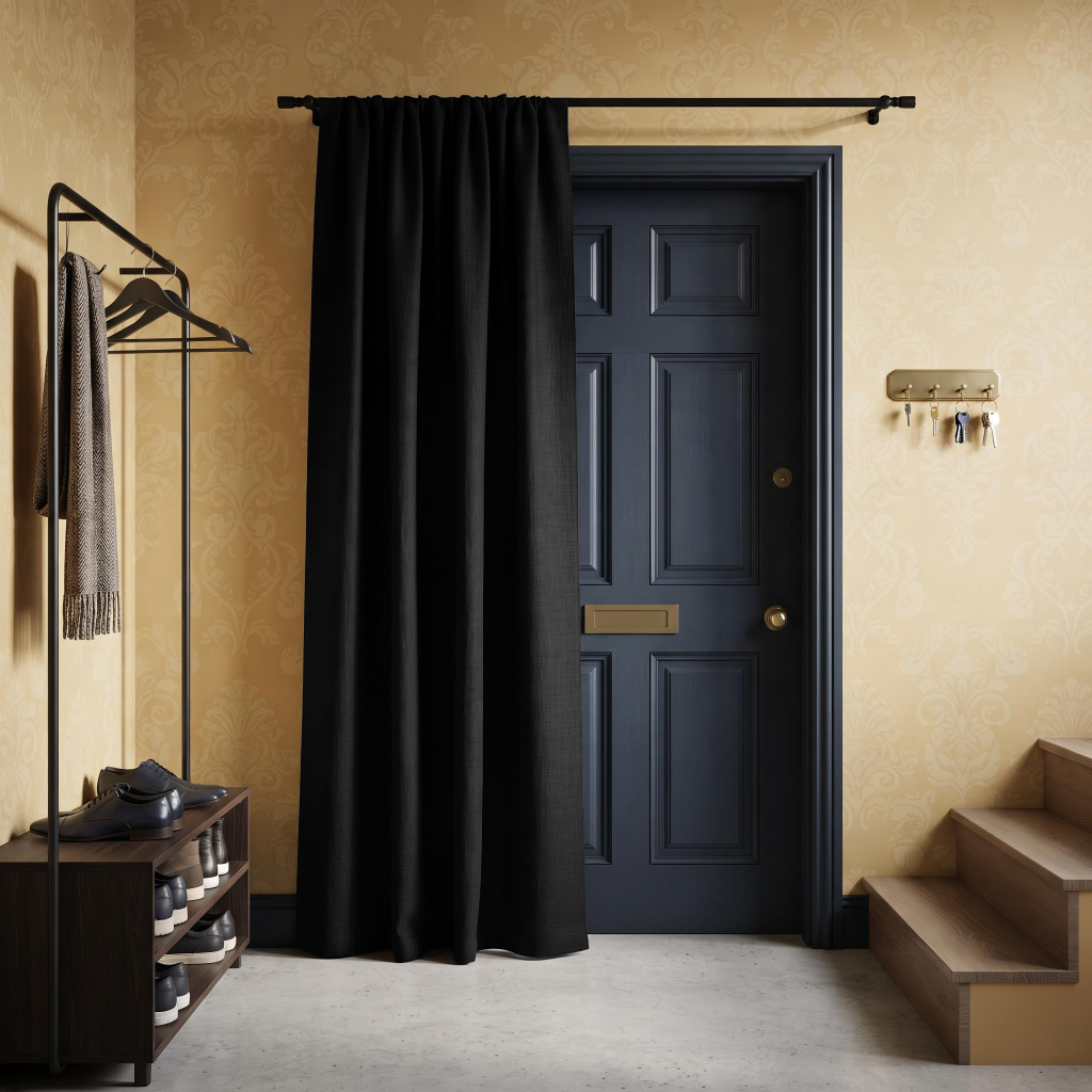 Black Thermal Door Curtain in a Hallway with Patterned Yellow Walls and a Blue Door